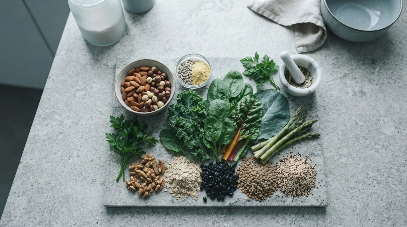Almonds, whole grains, and leafy greens rich in B-vitamins