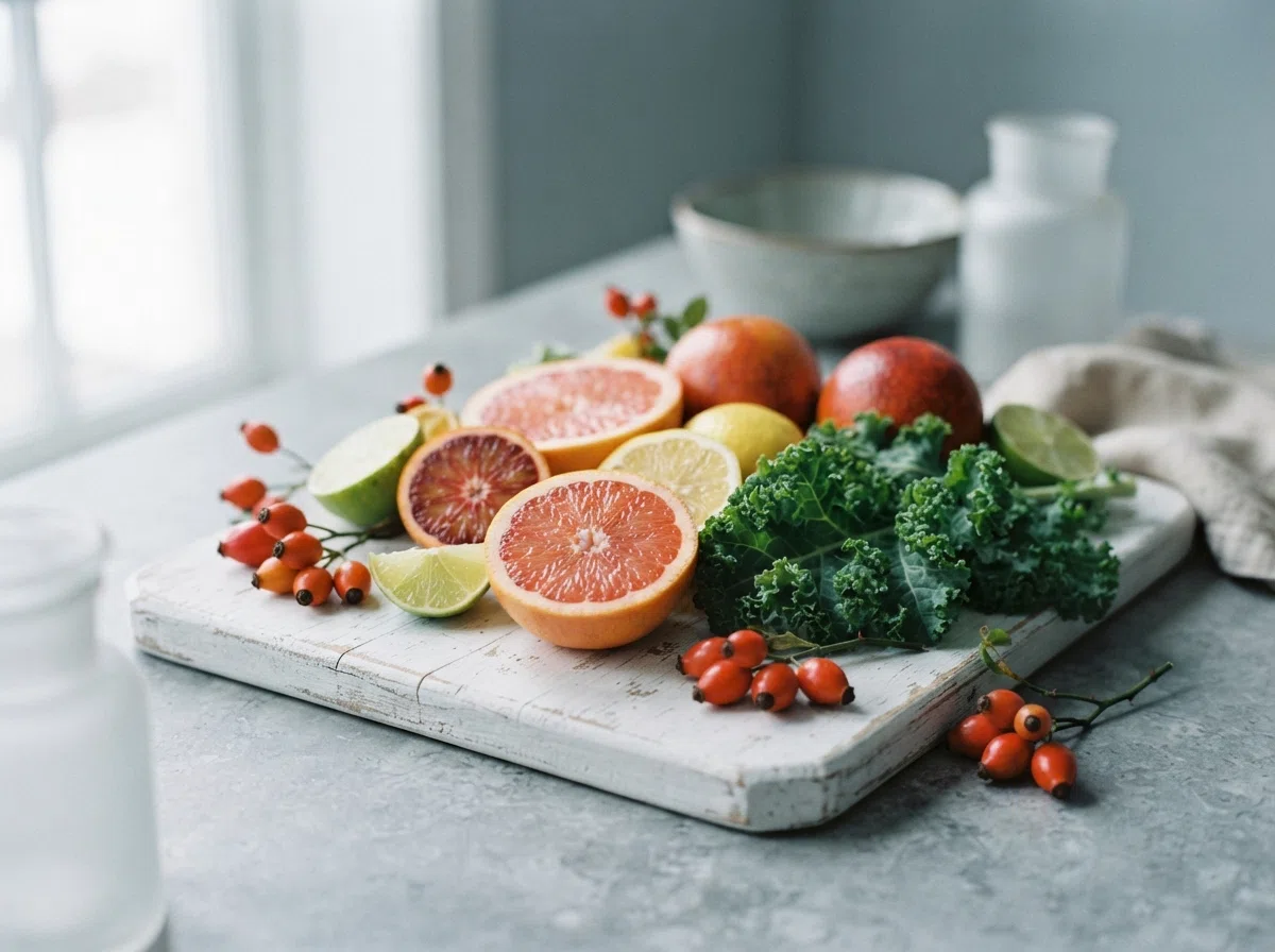 Fresh citrus fruits and berries on white wooden surface