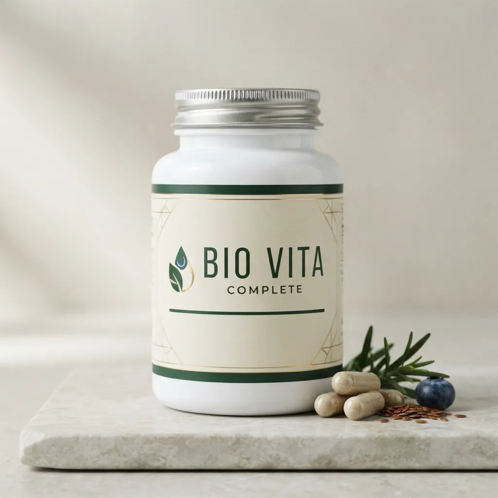 Bio Vita Complete supplement bottle with capsules and herbs