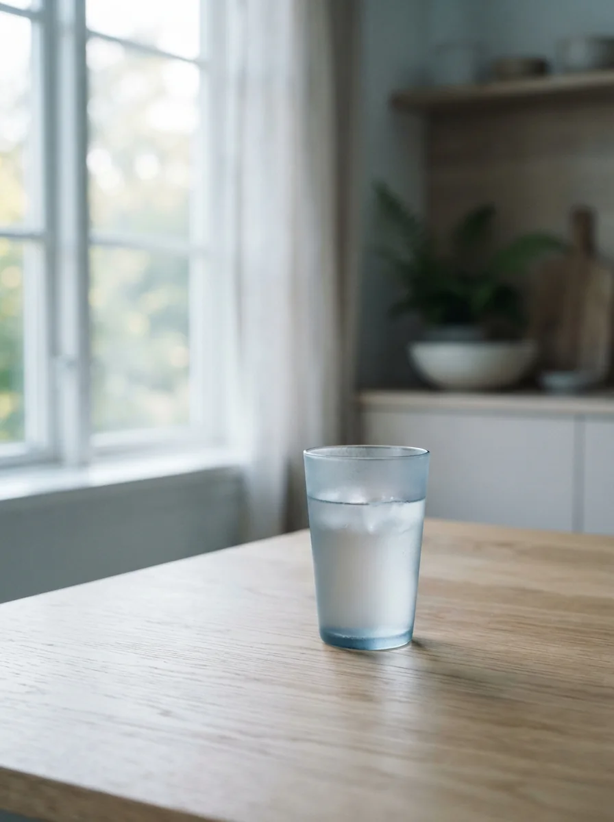 Morning routine with water glass and supplement bottle on wooden table
